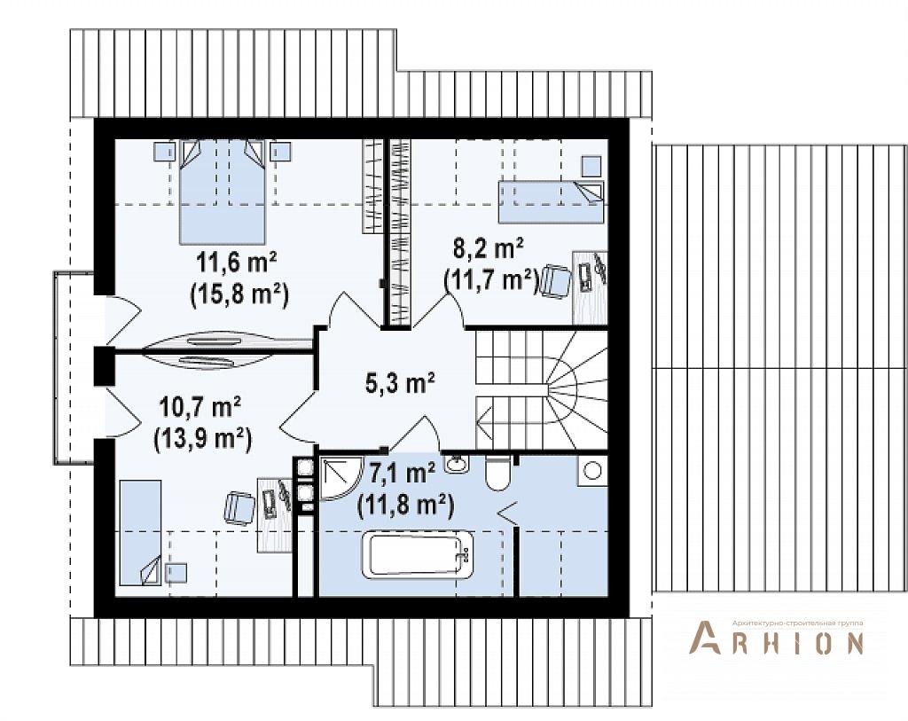3. Проект одноэтажного дома в европейском стиле с двускатной кровлей, Z102 GP, площадью - 149 кв c мансардой, терассой, балконом, гаражом, эркером